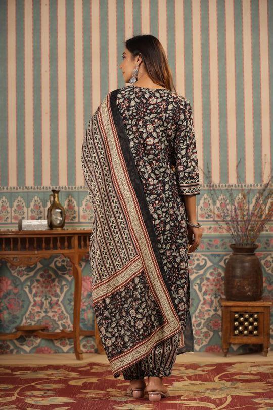 Women's Knee Length Floral Printed Kurti And Pant Set With Printed Dupatta (Black) - Taantav