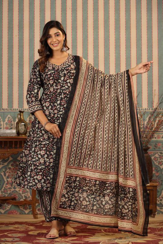 Women's Knee Length Floral Printed Kurti And Pant Set With Printed Dupatta (Black) - Taantav
