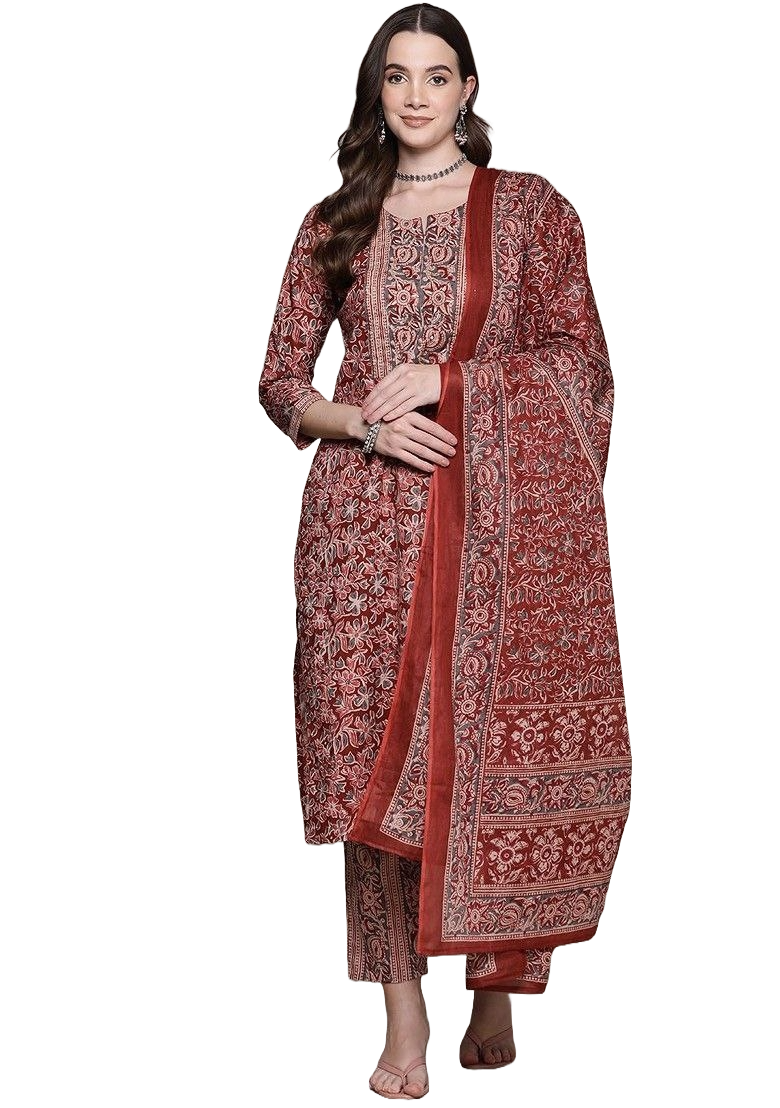 Women's Floral Printed Knee Length V Neck Kurti And Pant Set With Printed Dupatta (Maroon) - Taantav