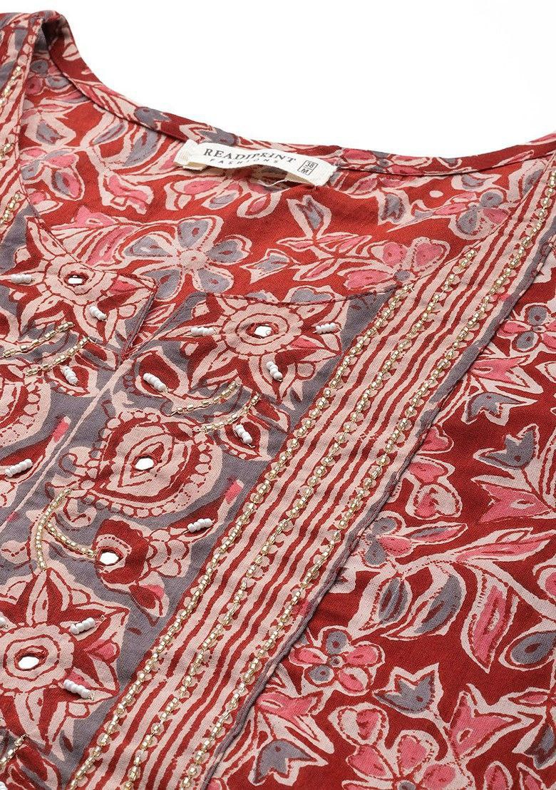 Women's Floral Printed Knee Length V Neck Kurti And Pant Set With Printed Dupatta (Maroon) - Taantav