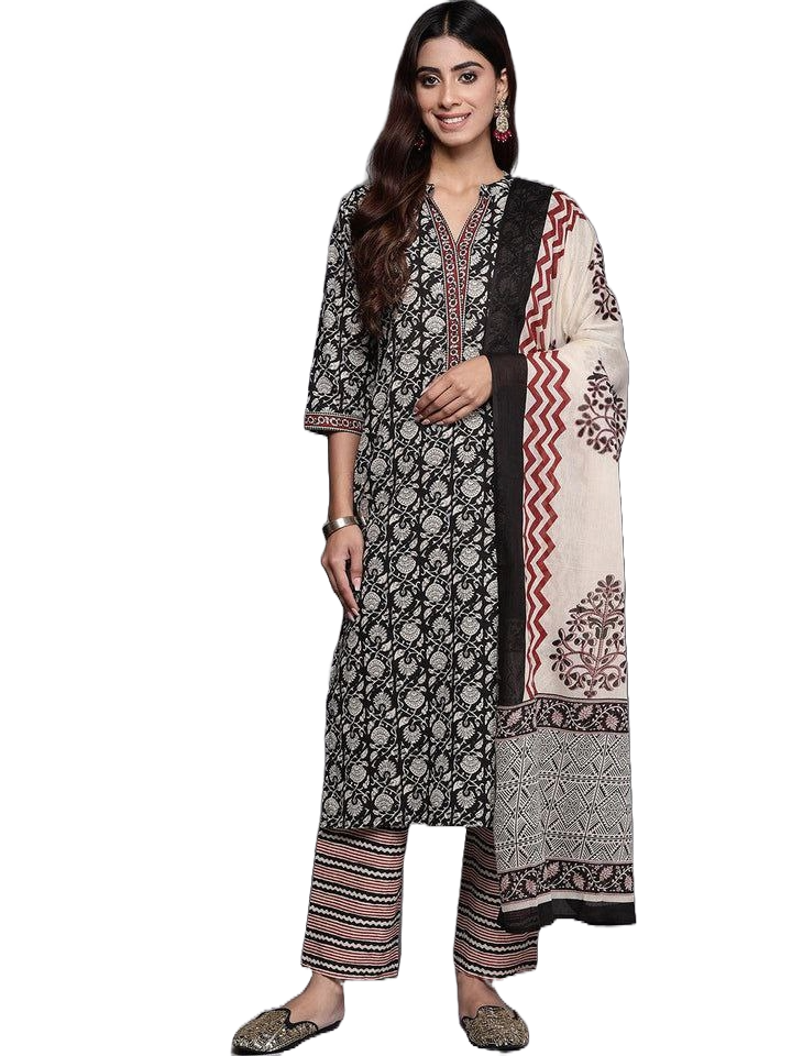 Women's Printed Knee Length Rayon Kurti And Pant Set With Dupatta (Black) - Taantav