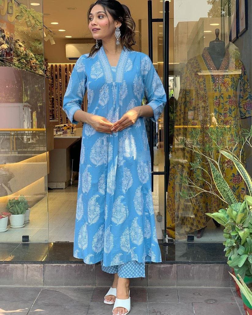 Women's Floral Printed Calf Length Flared Kurti And Palazzo Set With Printed Dupatta (K208) - Taantav