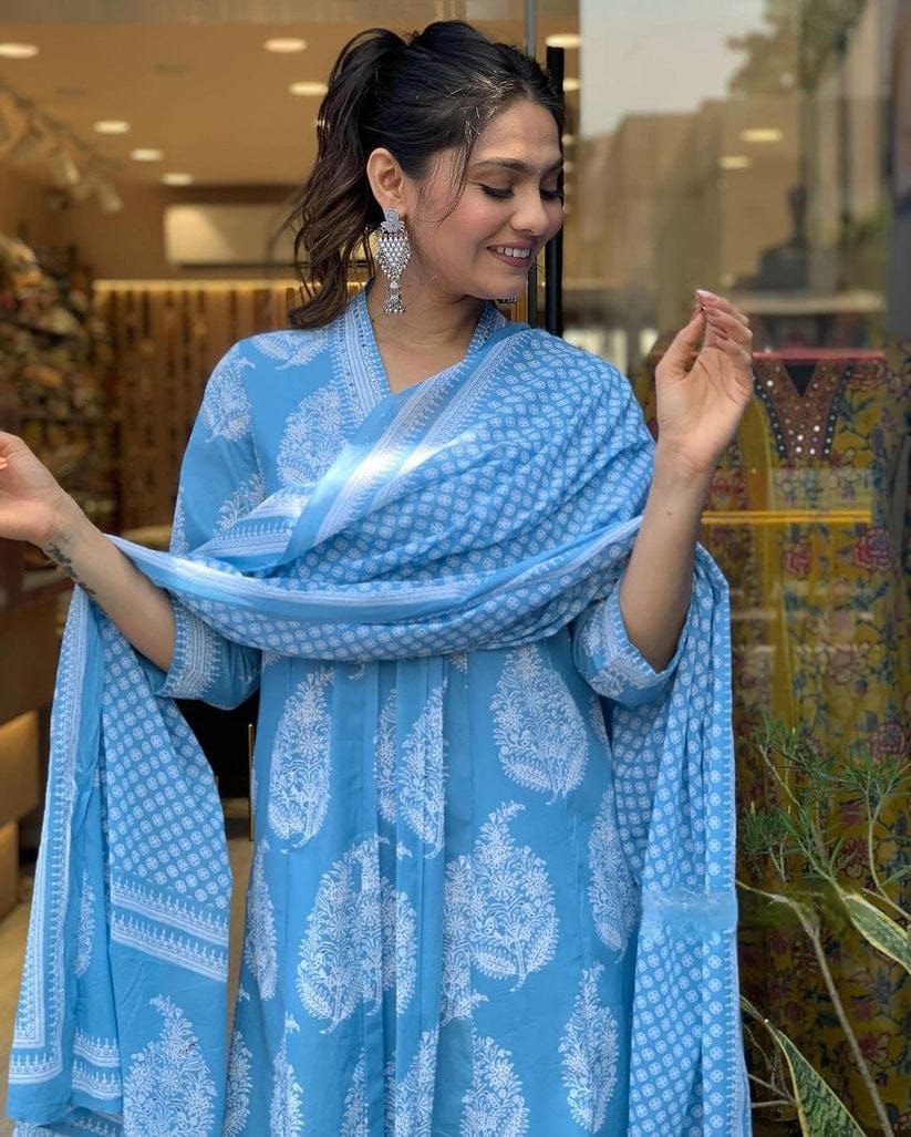 Women's Floral Printed Calf Length Flared Kurti And Palazzo Set With Printed Dupatta (K208) - Taantav