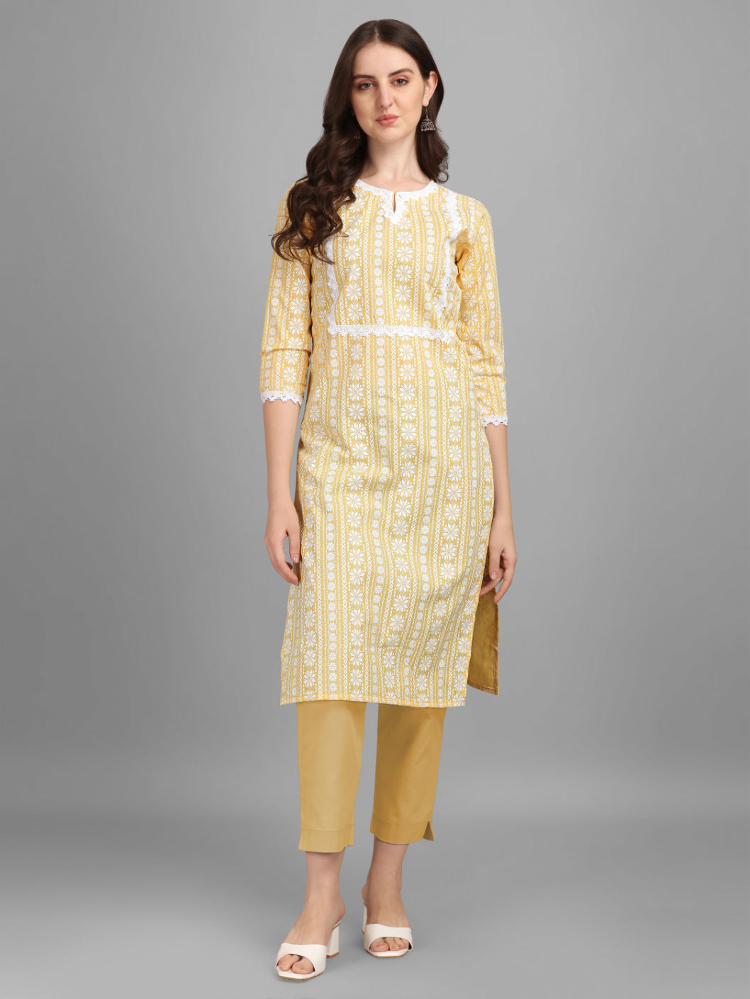 Women's Floral Printed Cotton Blend Key-Hole Neck Yellow Kurti