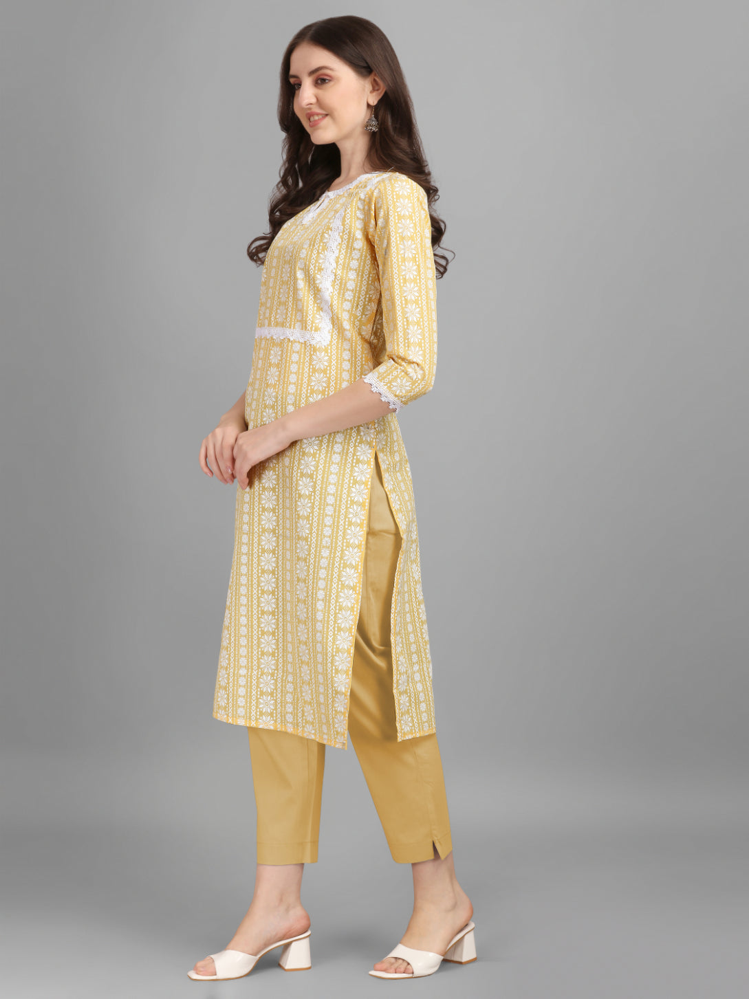 Women's Floral Printed Cotton Blend Key-Hole Neck Yellow Kurti