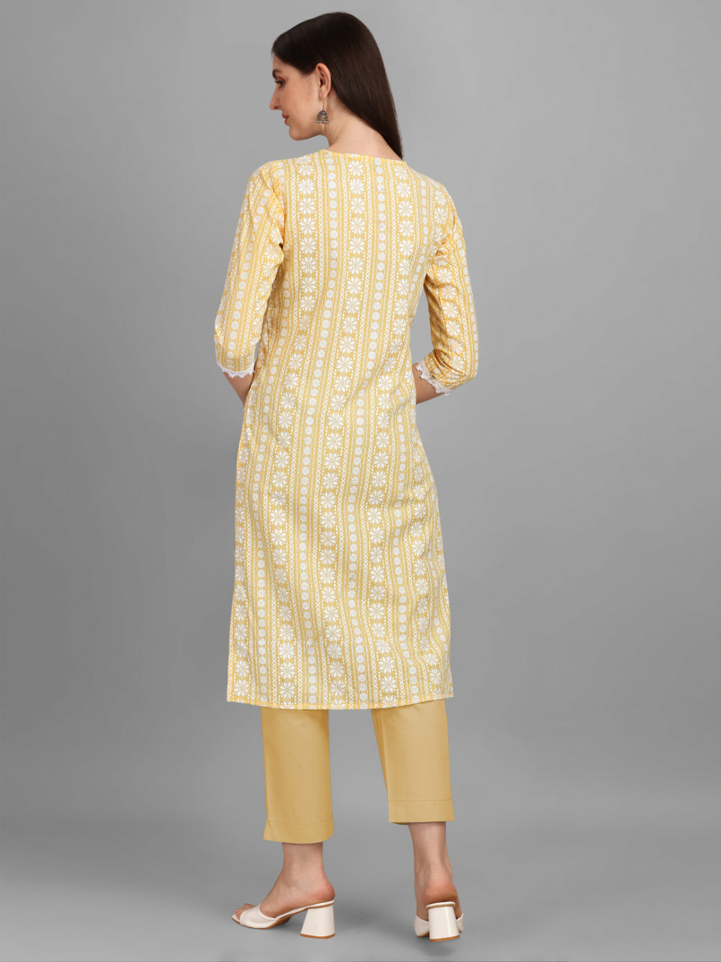 Women's Floral Printed Cotton Blend Key-Hole Neck Yellow Kurti