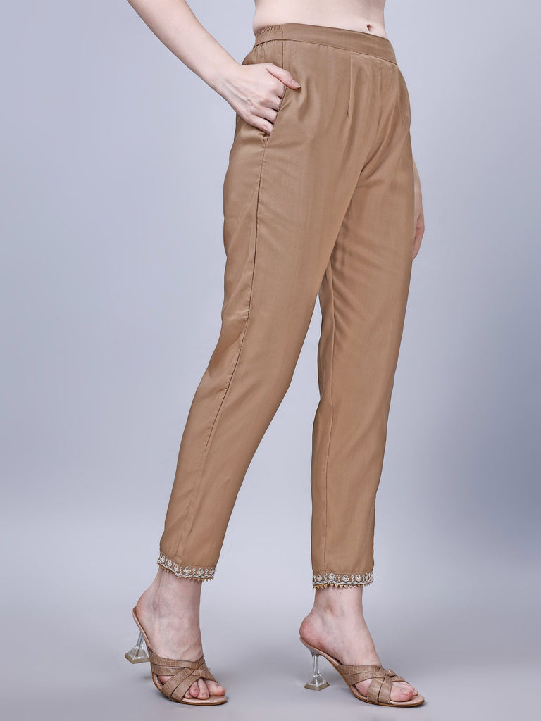 Women's Silk Blend Embroidered Kurti And Pant Set (Brown)