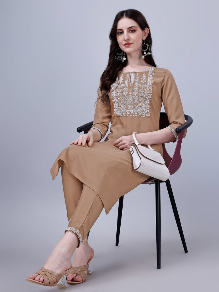 Women's Silk Blend Embroidered Kurti And Pant Set (Brown)