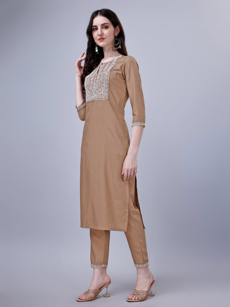 Women's Silk Blend Embroidered Kurti And Pant Set (Brown)