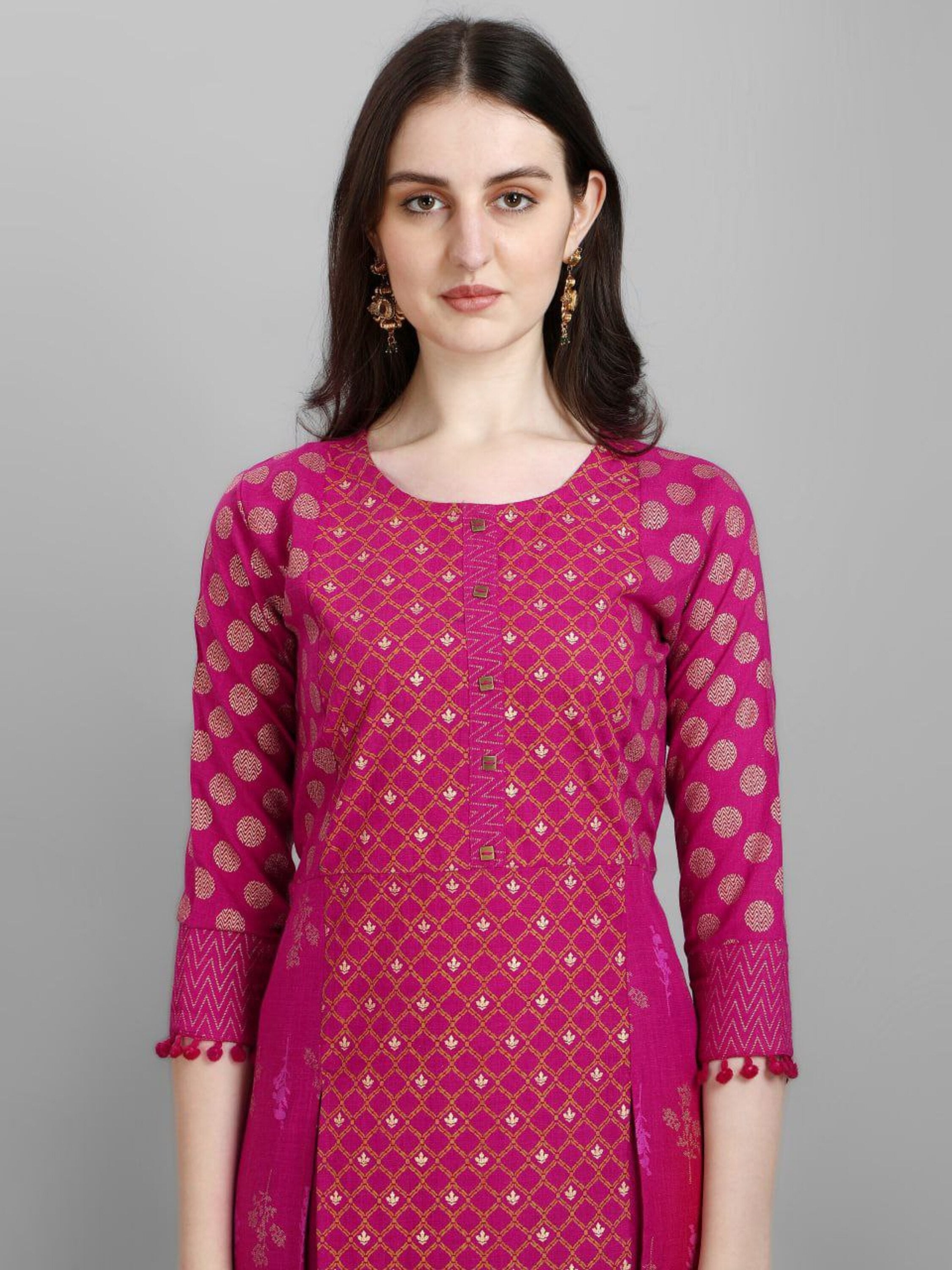 Women's Floral Printed Knee Length A-Line Cotton Blend Kurti And Pant Set (Rani) - Taantav