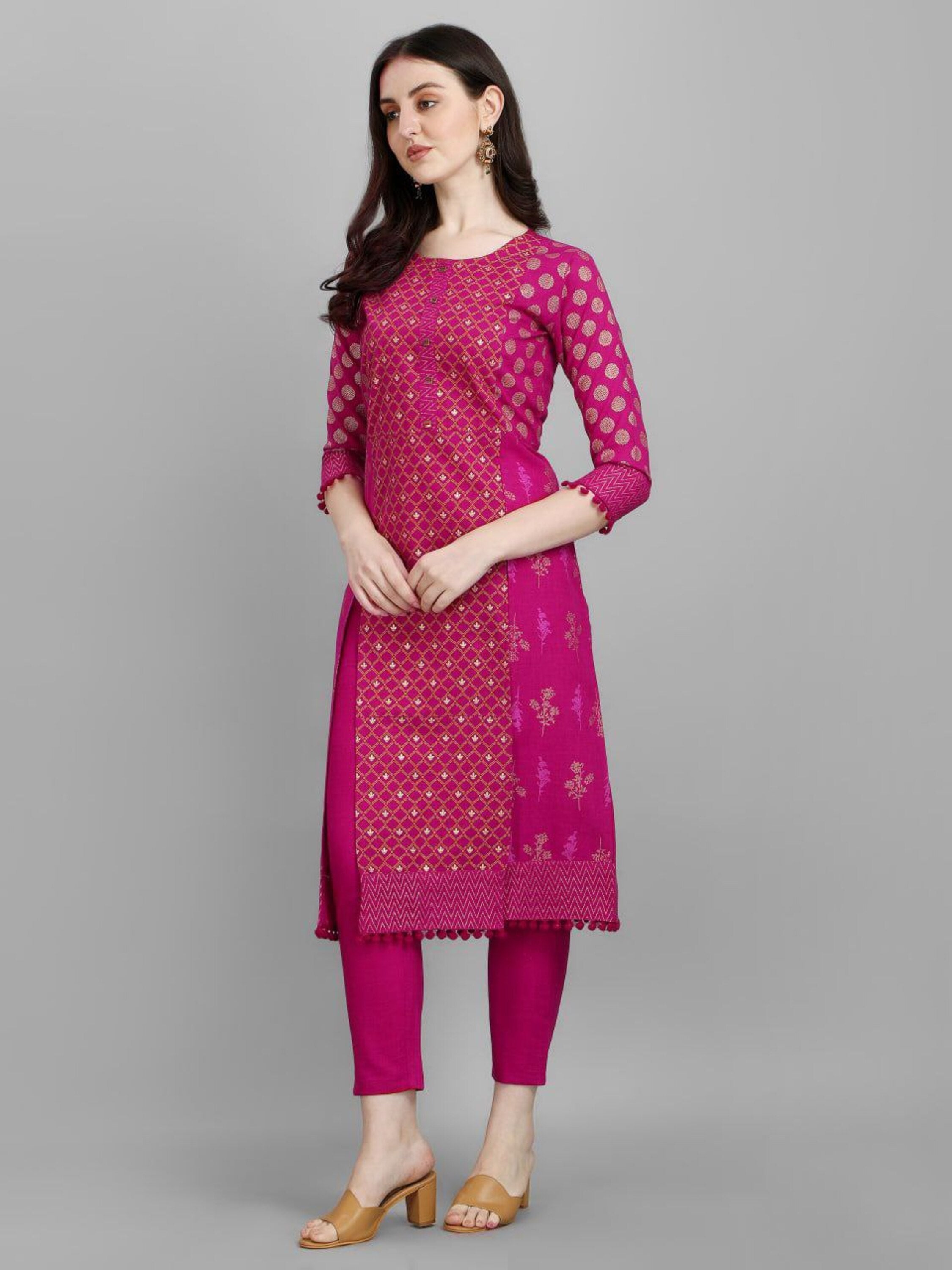 Women's Floral Printed Knee Length A-Line Cotton Blend Kurti And Pant Set (Rani) - Taantav