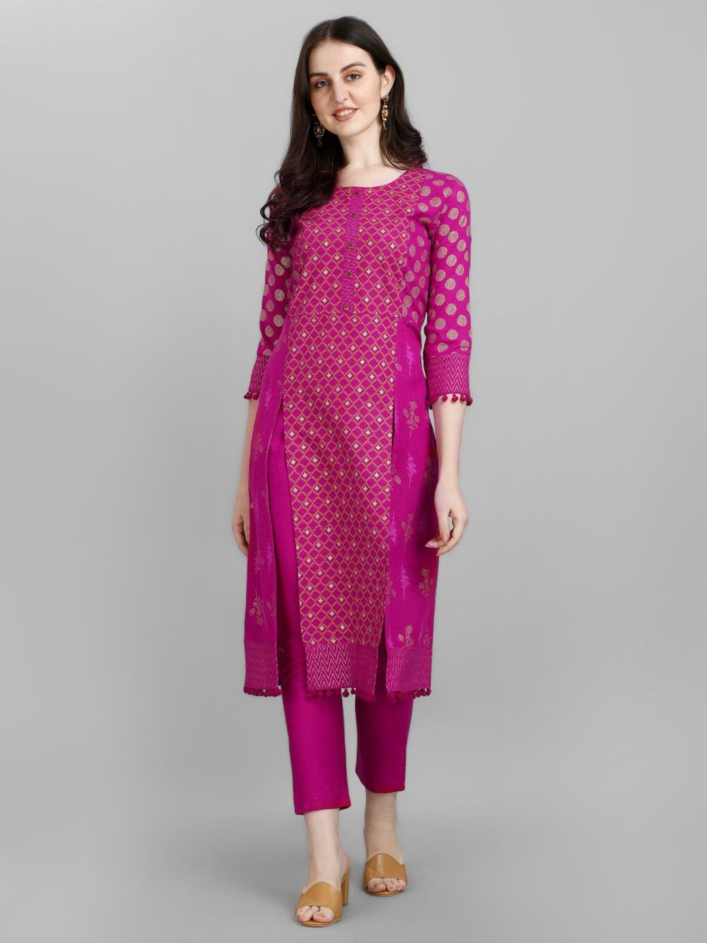 Women's Floral Printed Knee Length A-Line Cotton Blend Kurti And Pant Set (Rani) - Taantav