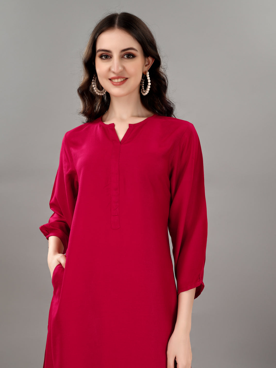 Women's V Neck Knee Length 3/4 Sleeves Solid Rayon Co-Ords Set (Rani) - Taantav
