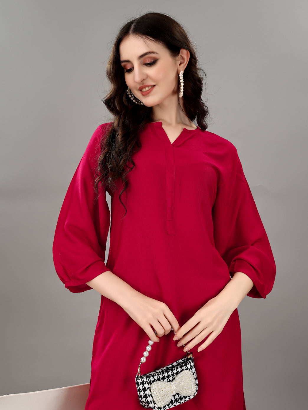 Women's V Neck Knee Length 3/4 Sleeves Solid Rayon Co-Ords Set (Rani) - Taantav