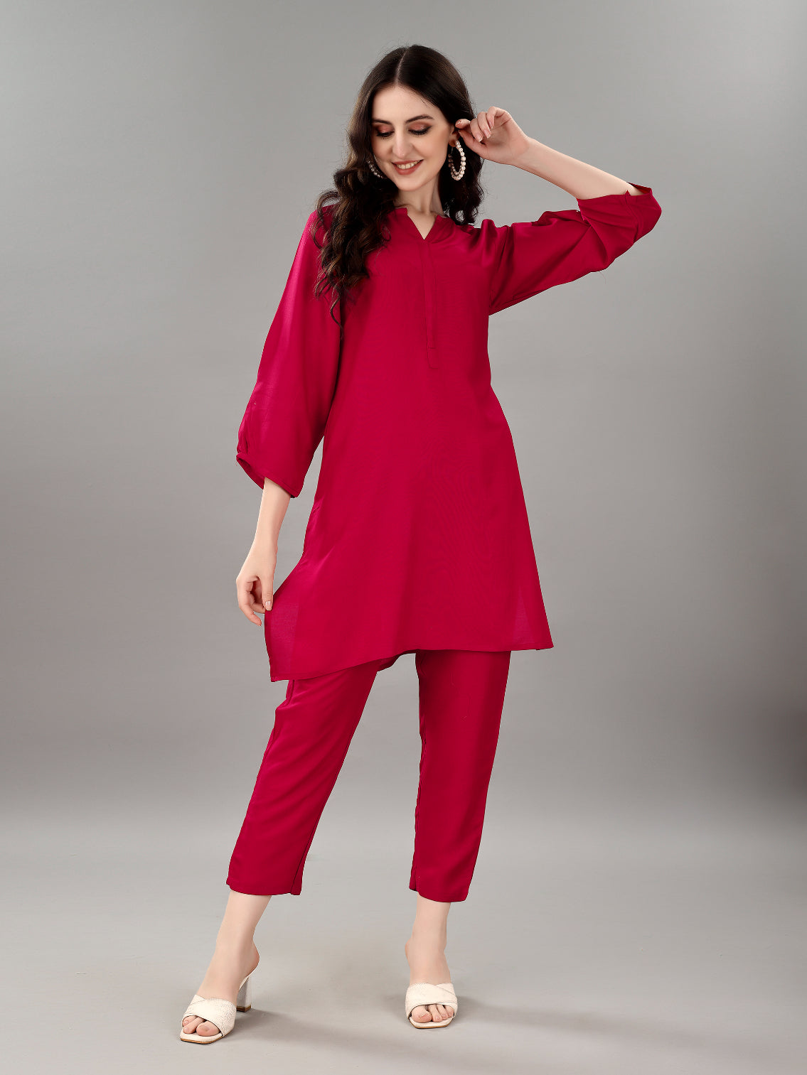 Women's V Neck Knee Length 3/4 Sleeves Solid Rayon Co-Ords Set (Rani) - Taantav