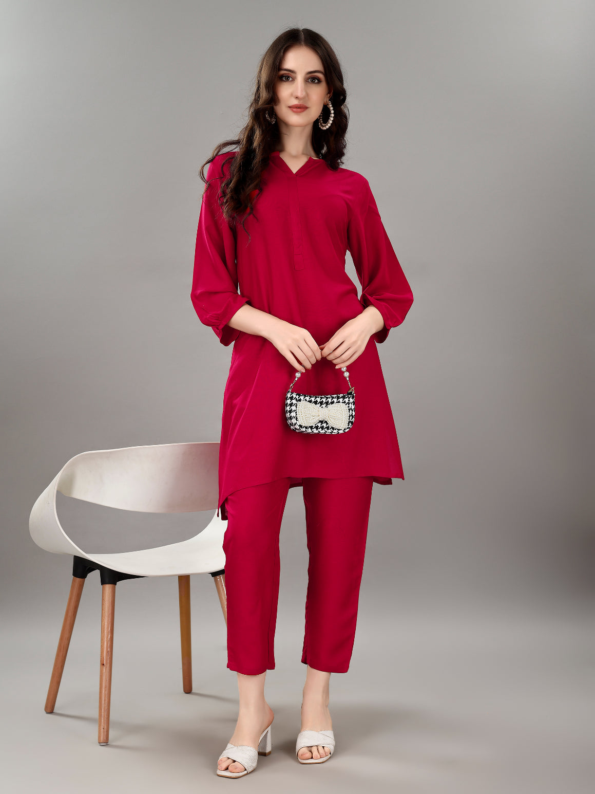 Women's V Neck Knee Length 3/4 Sleeves Solid Rayon Co-Ords Set (Rani) - Taantav