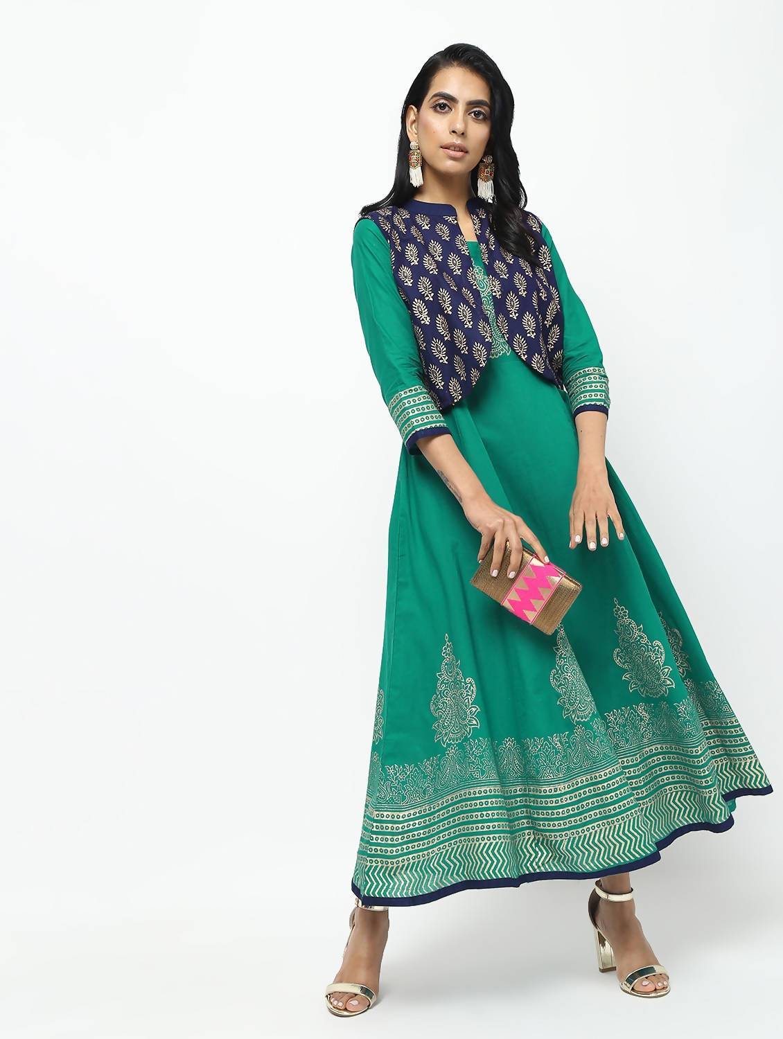Women's Kalidar Anarkali With Contrast Jacket On Foil Print Design Kurta Only