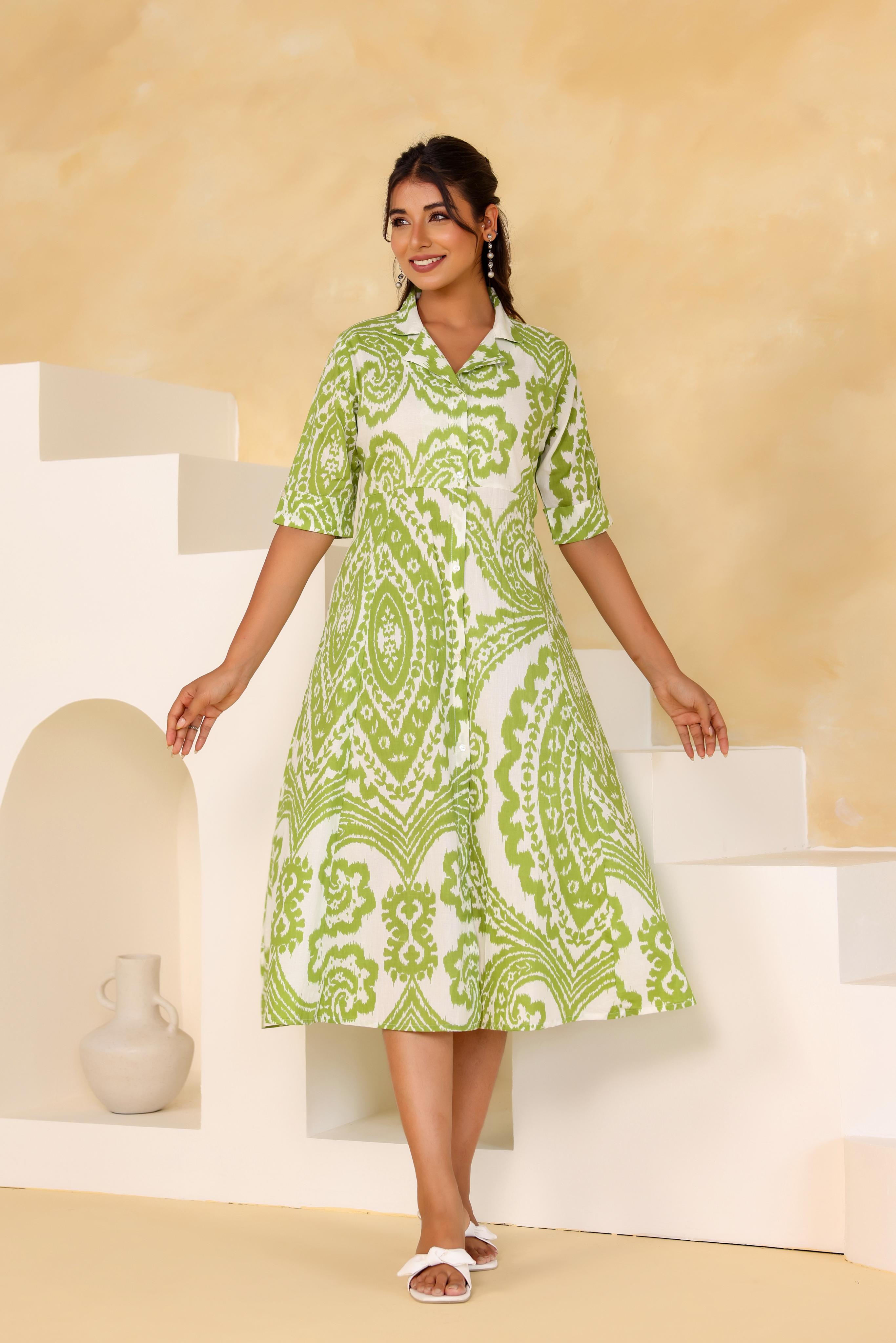Women's Green Pure Cotton Printed Notch Collar Dress Trendia Women's Green Pure Cotton Printed Notch Collar Dress Trendia