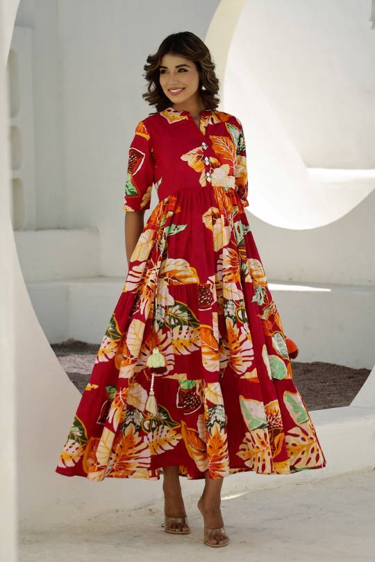 Women's Red Pure Cotton Printed Notch Collar Gown