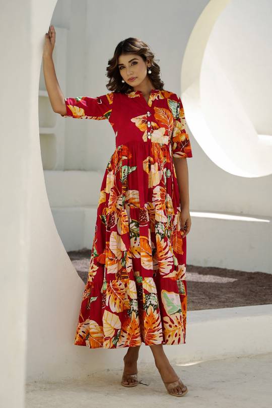 Women's Red Pure Cotton Printed Notch Collar Gown