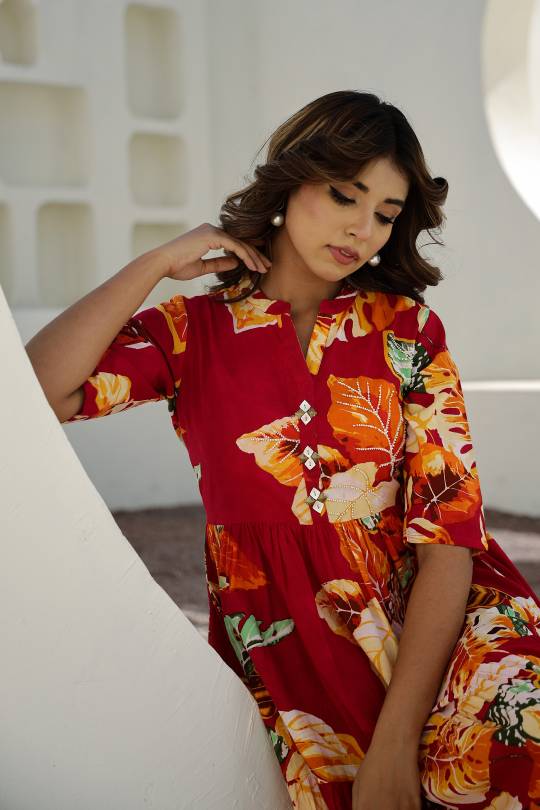 Women's Red Pure Cotton Printed Notch Collar Gown