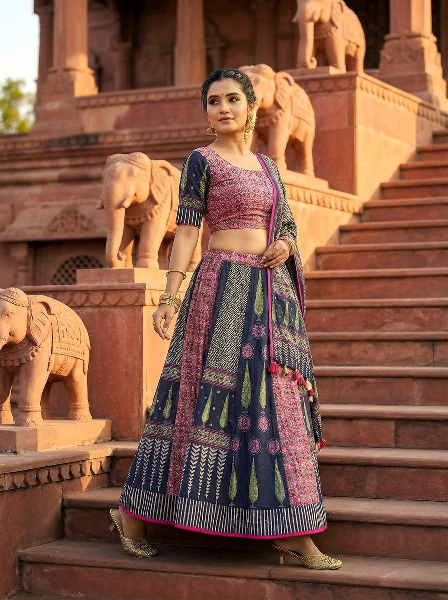 Women's Blue Rayon Digital Print Lehenga Set – Trendia