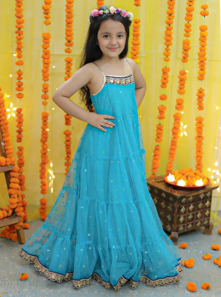 Girl's sequins tiered dress with lace at hem & yoke,  lurex strappy sleeves-Turq