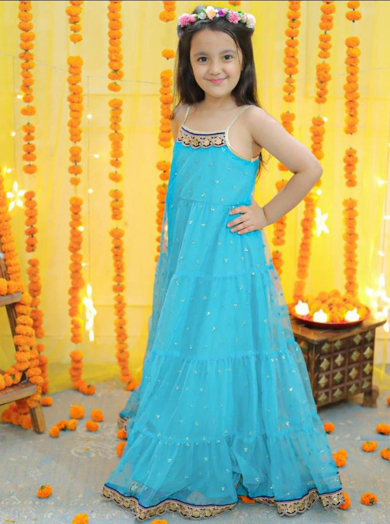 Girl's sequins tiered dress with lace at hem & yoke,  lurex strappy sleeves-Turq