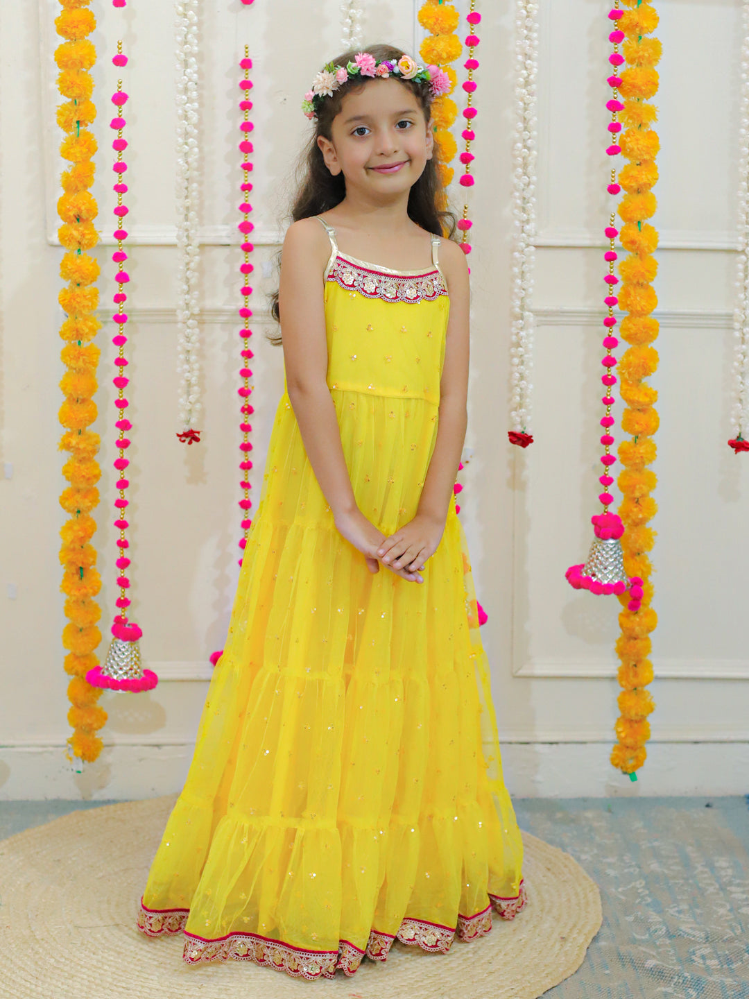 Girl's sequins tiered dress with lace at hem & yoke,  lurex strappy sleeves-Yellow - Lil Peacock