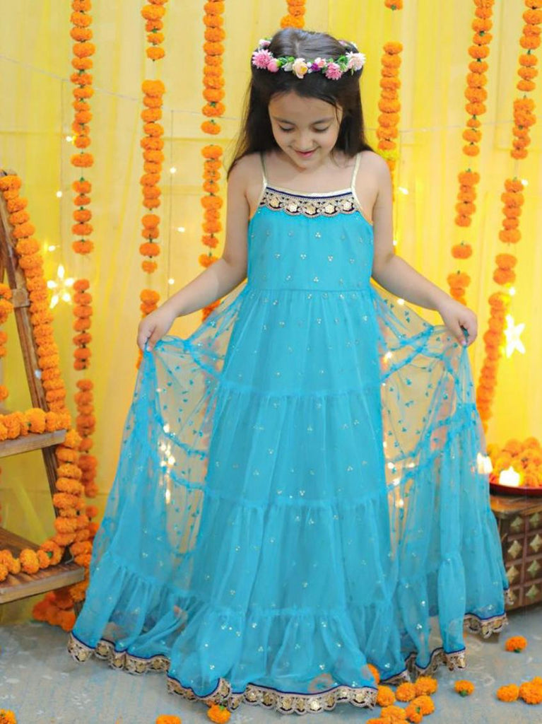 Girl's sequins tiered dress with lace at hem & yoke,  lurex strappy sleeves-Turq