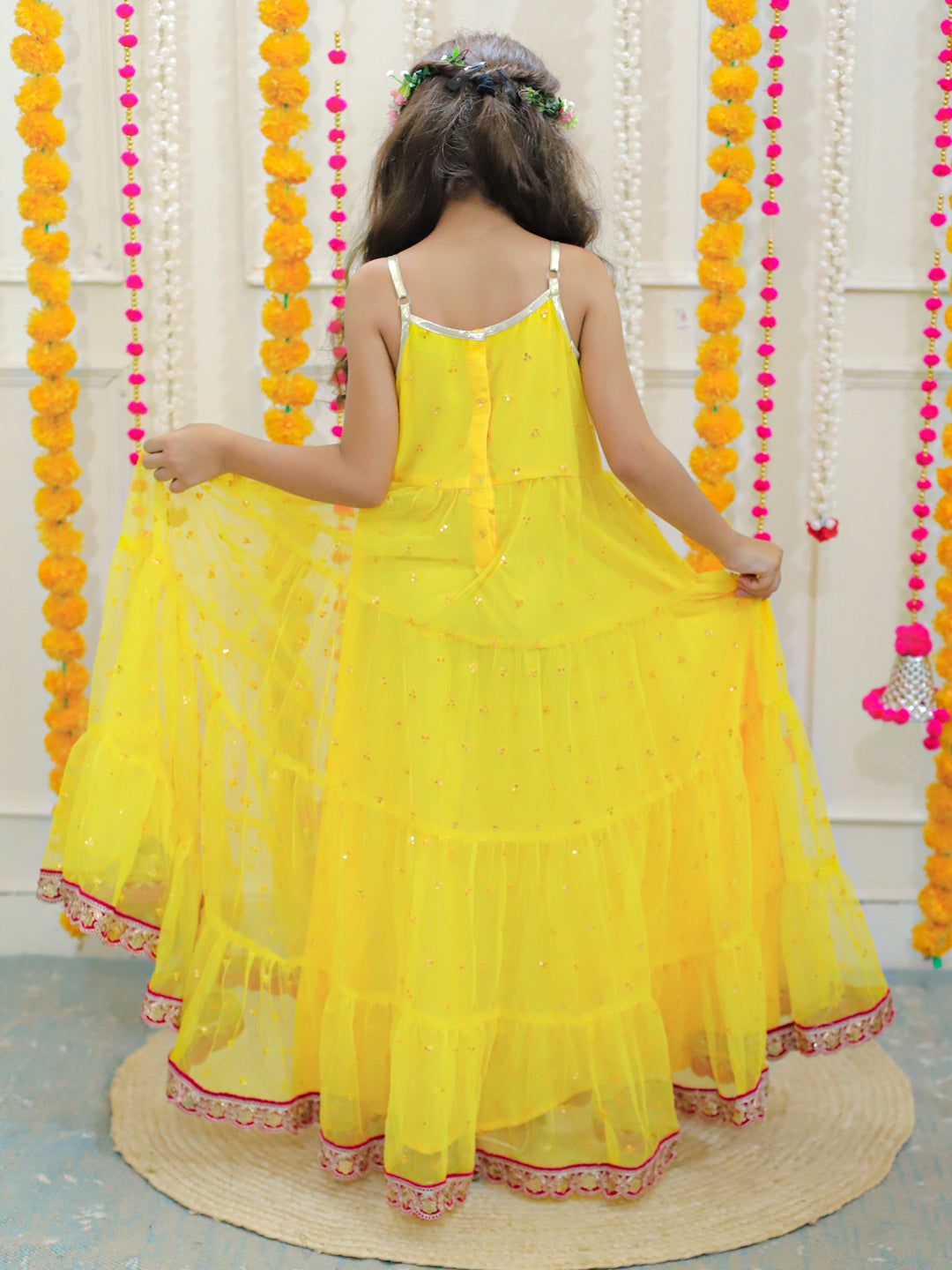 Girl's sequins tiered dress with lace at hem & yoke,  lurex strappy sleeves-Yellow - Lil Peacock