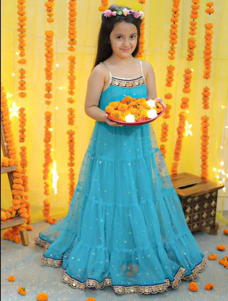 Girl's sequins tiered dress with lace at hem & yoke,  lurex strappy sleeves-Turq