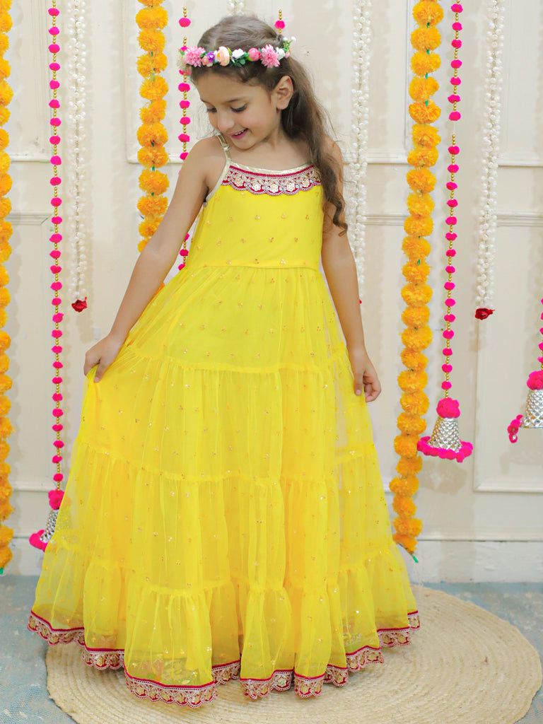 Girl's sequins tiered dress with lace at hem & yoke,  lurex strappy sleeves-Yellow