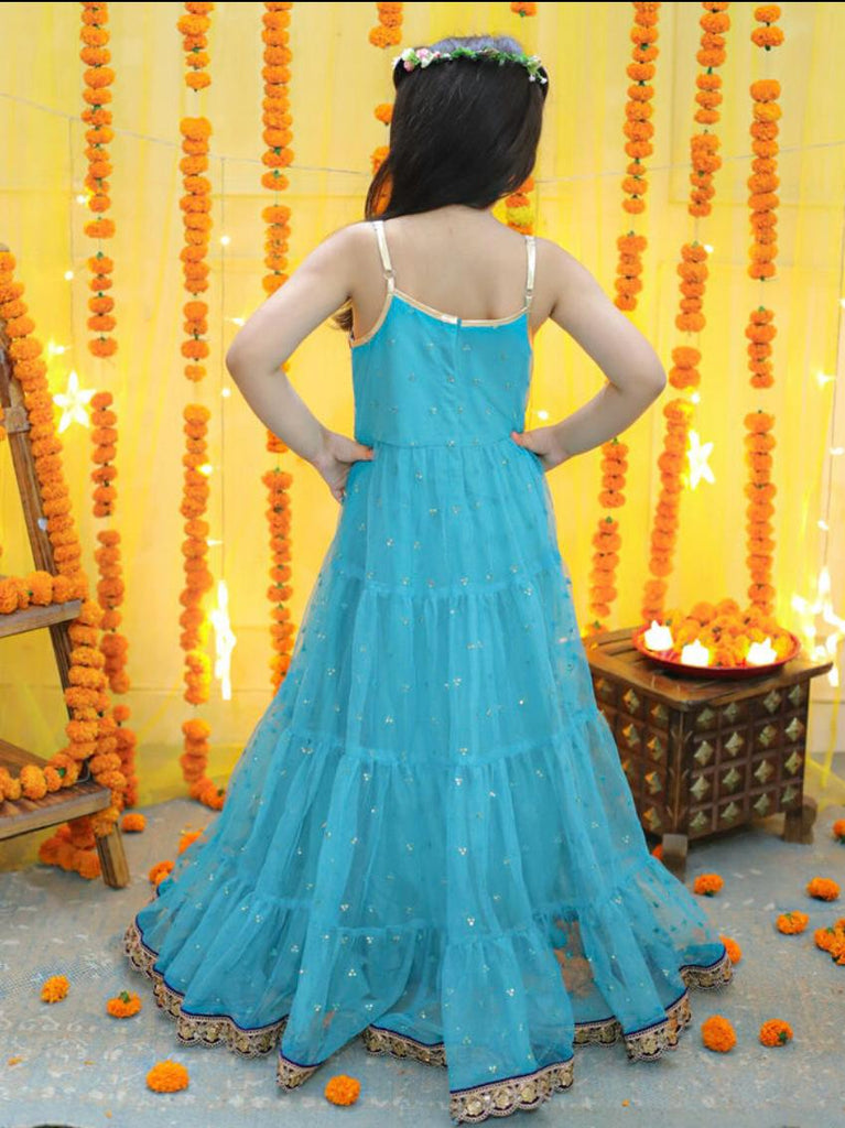 Girl's sequins tiered dress with lace at hem & yoke,  lurex strappy sleeves-Turq