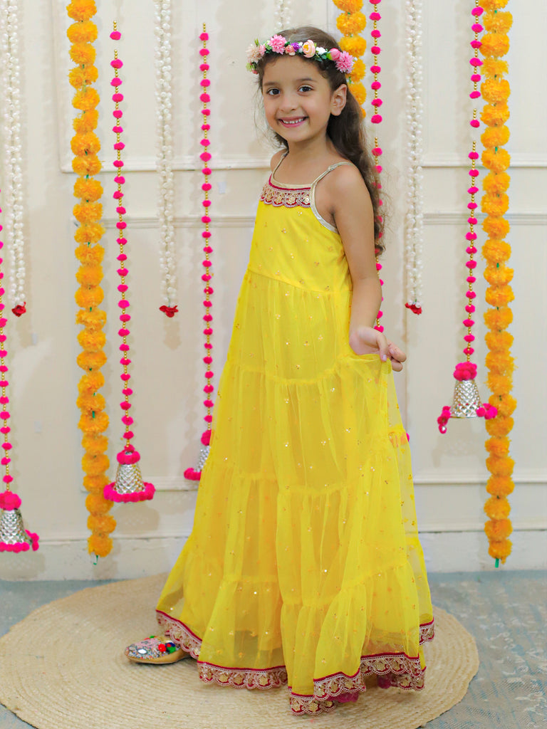 Girl's sequins tiered dress with lace at hem & yoke,  lurex strappy sleeves-Yellow