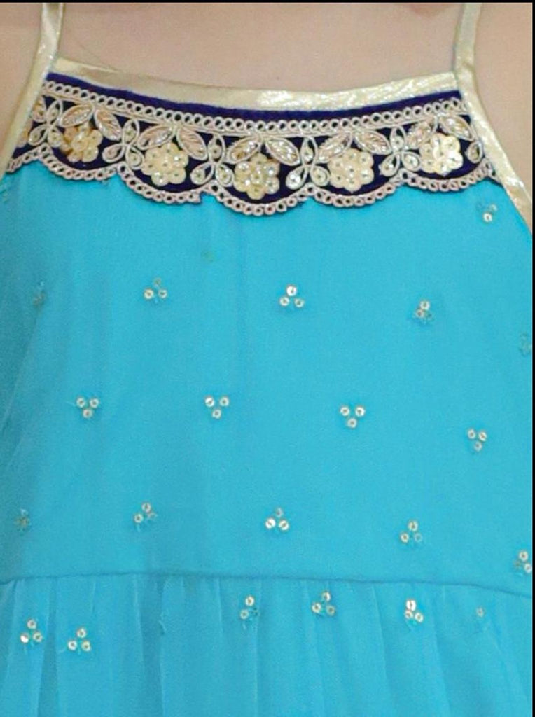 Girl's sequins tiered dress with lace at hem & yoke,  lurex strappy sleeves-Turq