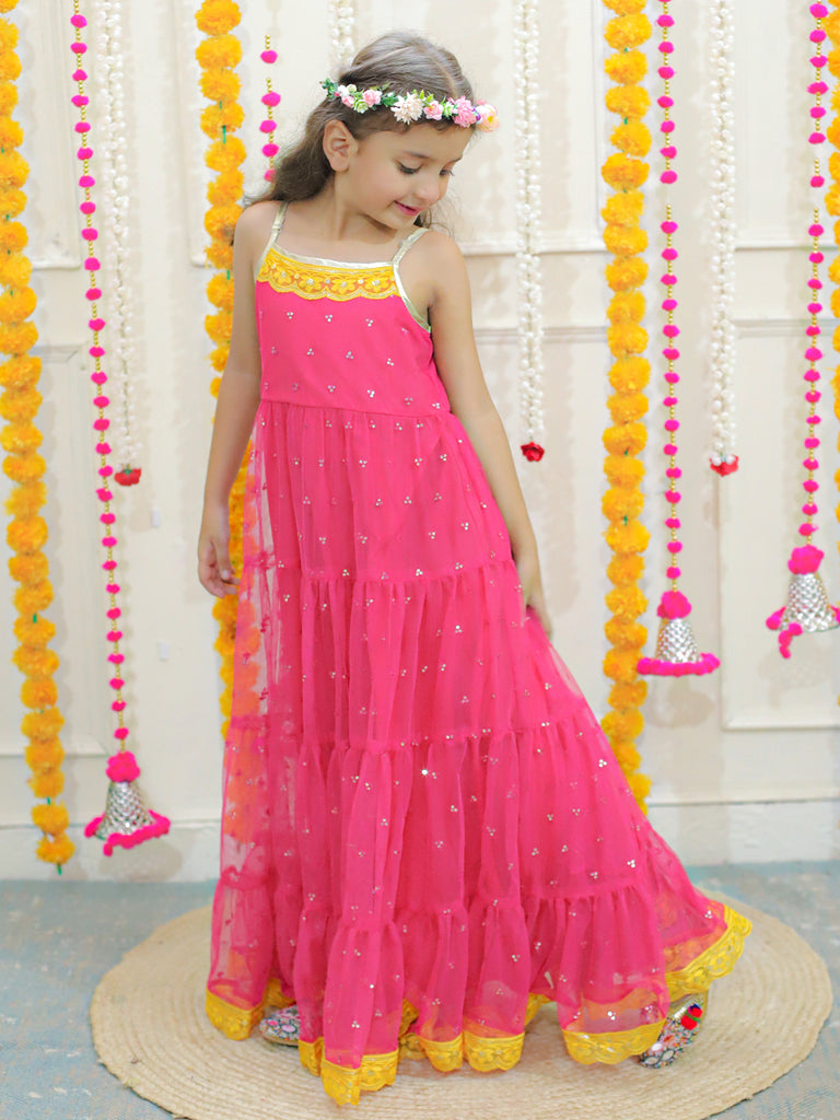 Girl's sequins tiered dress with lace at hem & yoke,  lurex strappy sleeves-Fuschia