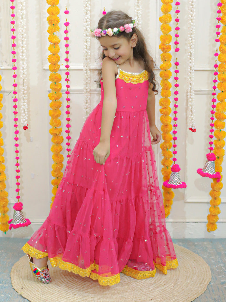 Girl's sequins tiered dress with lace at hem & yoke,  lurex strappy sleeves-Fuschia