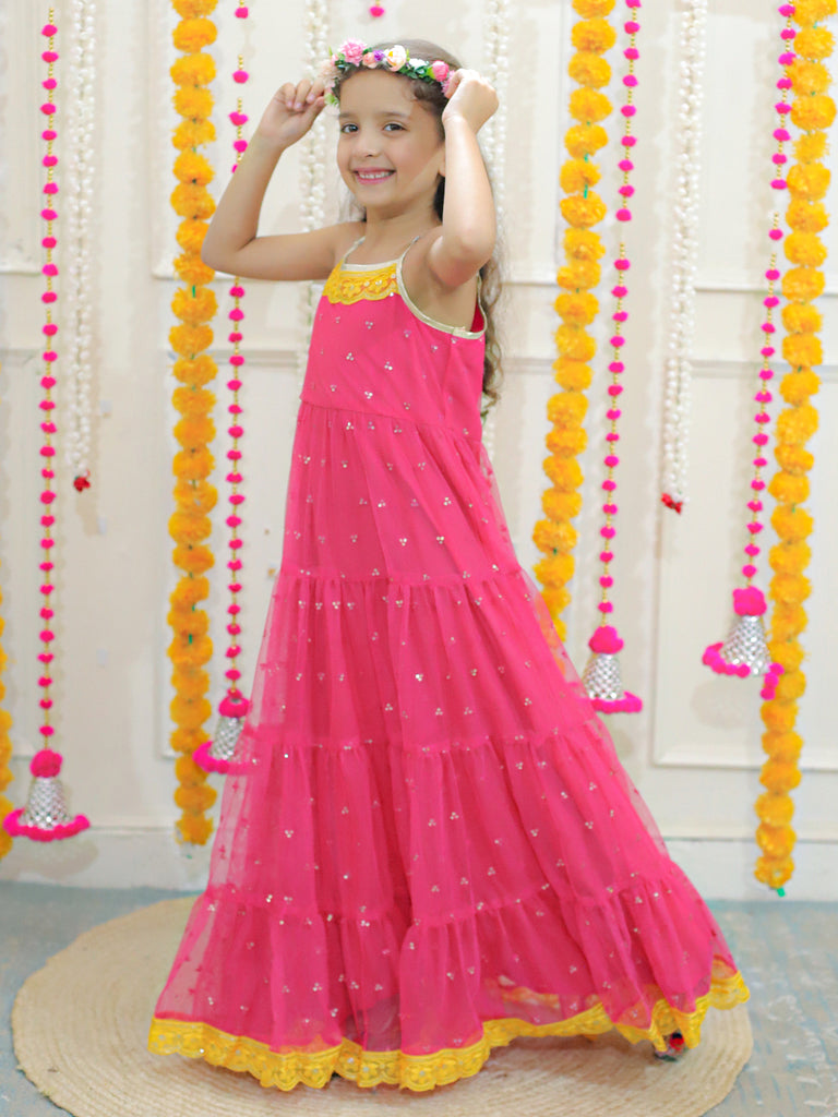 Girl's sequins tiered dress with lace at hem & yoke,  lurex strappy sleeves-Fuschia