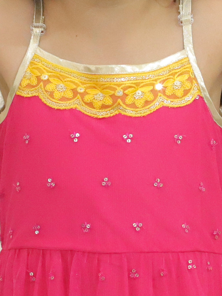 Girl's sequins tiered dress with lace at hem & yoke,  lurex strappy sleeves-Fuschia