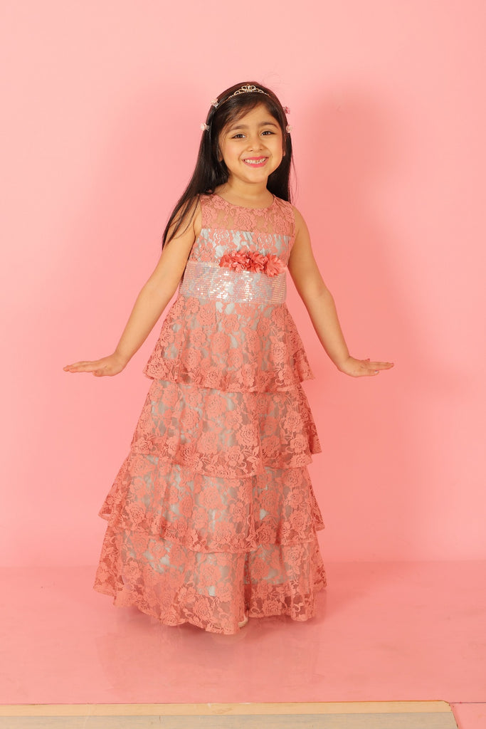 Girl's Stylish Layered Gown-Dusty Pink