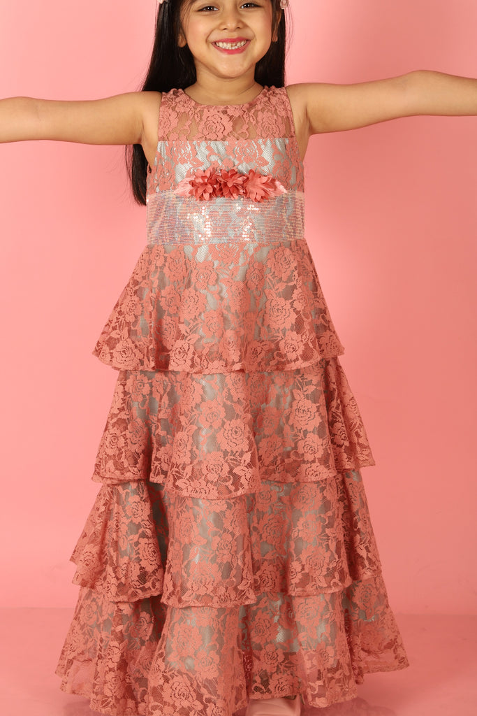 Girl's Stylish Layered Gown-Dusty Pink