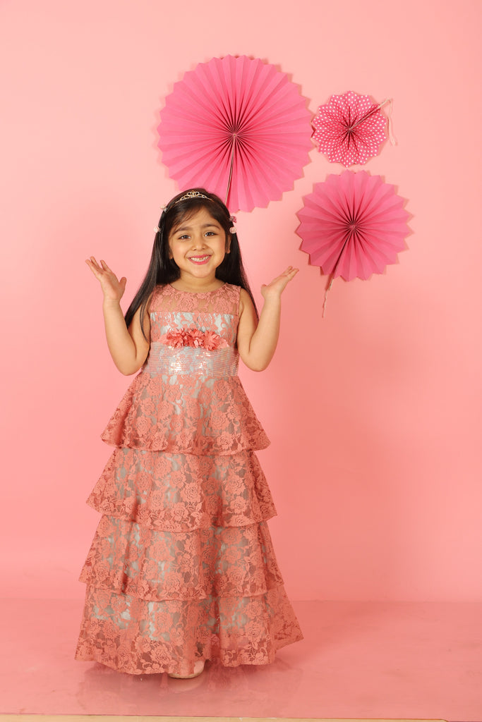 Girl's Stylish Layered Gown-Dusty Pink