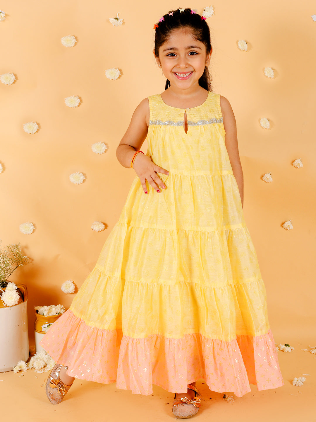 Girl's Stylish Foil Print Tiered Dress With Couching & Lace-Yellow - Lil Peacock