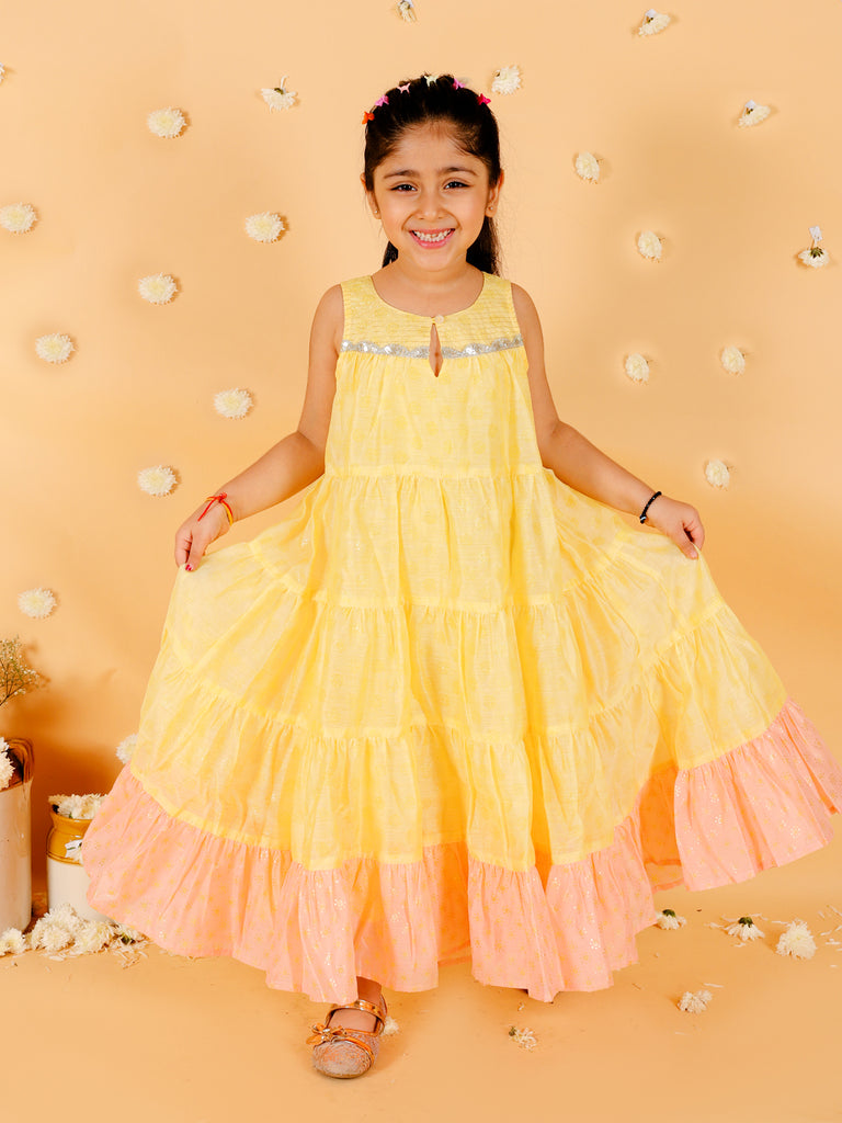 Girl's Stylish Foil Print Tiered Dress With Couching & Lace-Yellow