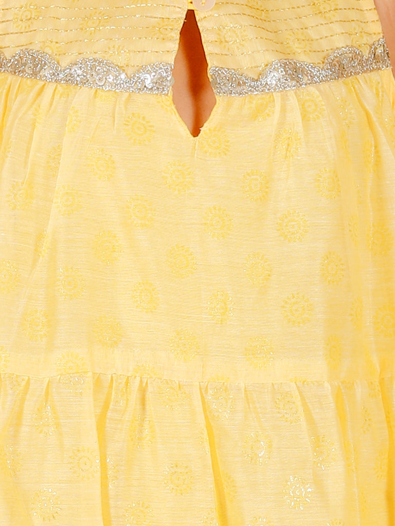 Girl's Stylish Foil Print Tiered Dress With Couching & Lace-Yellow