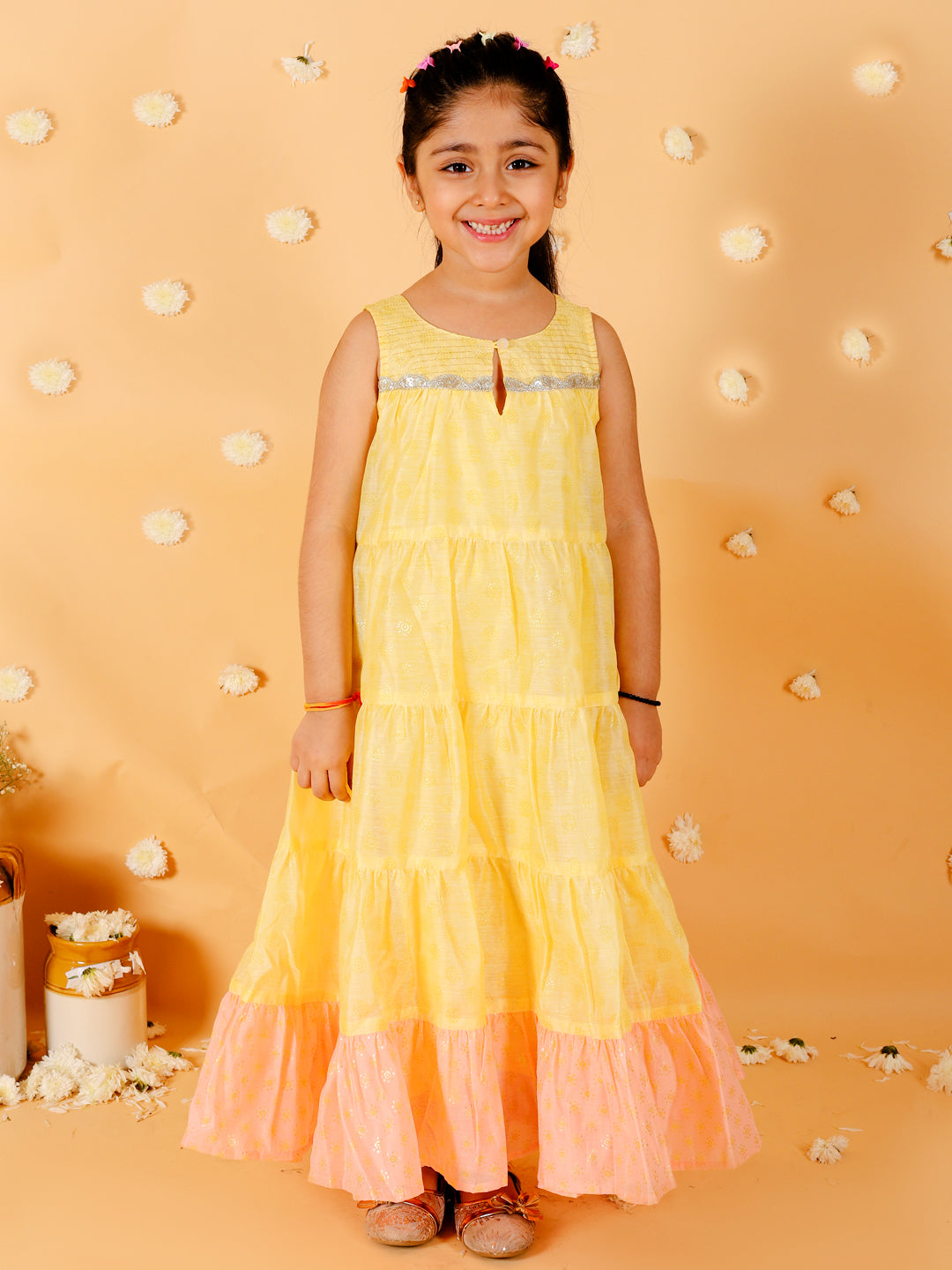Girl's Stylish Foil Print Tiered Dress With Couching & Lace-Yellow - Lil Peacock