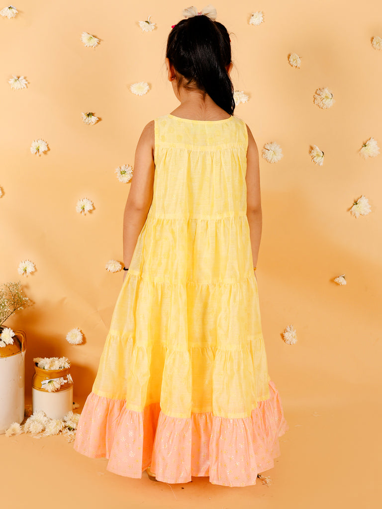 Girl's Stylish Foil Print Tiered Dress With Couching & Lace-Yellow
