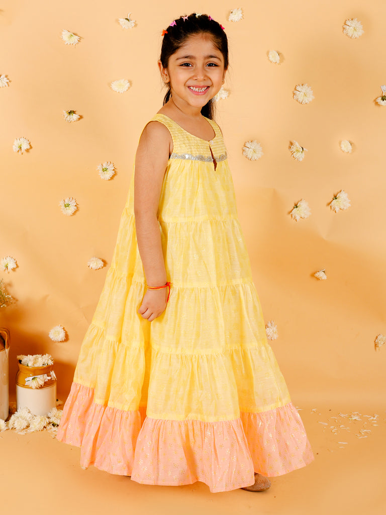 Girl's Stylish Foil Print Tiered Dress With Couching & Lace-Yellow