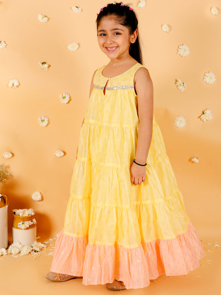 Girl's Stylish Foil Print Tiered Dress With Couching & Lace-Yellow
